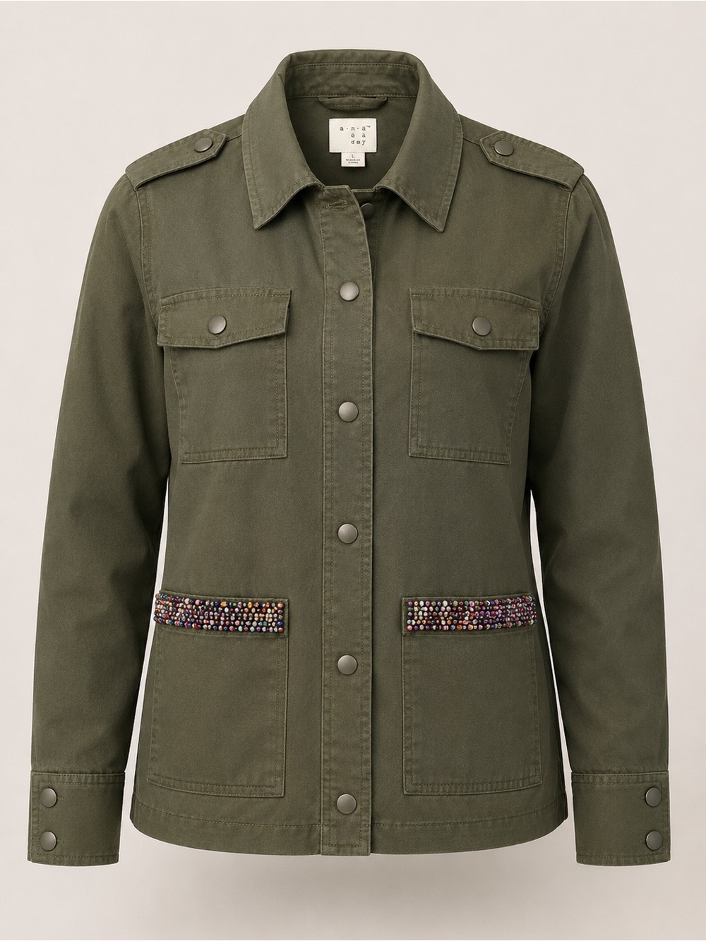 a new day Olive Utility Jacket Beaded Embellished Military Jacket Large